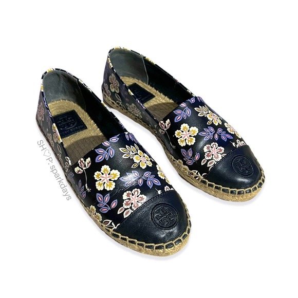 Tory Burch Black Floral Leather Colorblock Slip On Espadrille Flat | 7 - Picture 3 of 8